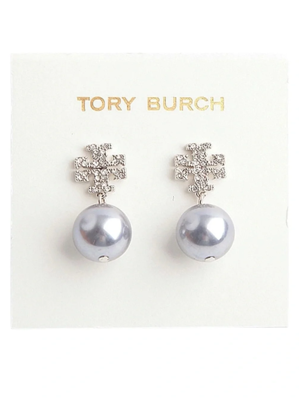 Tory Burch Crystal Pave Logo Grey Pearl Drop Earrings